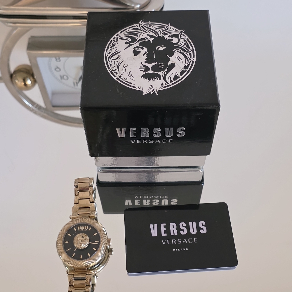 Versus Versace Gold and Black Brick Lane Watch with Lion Medallion